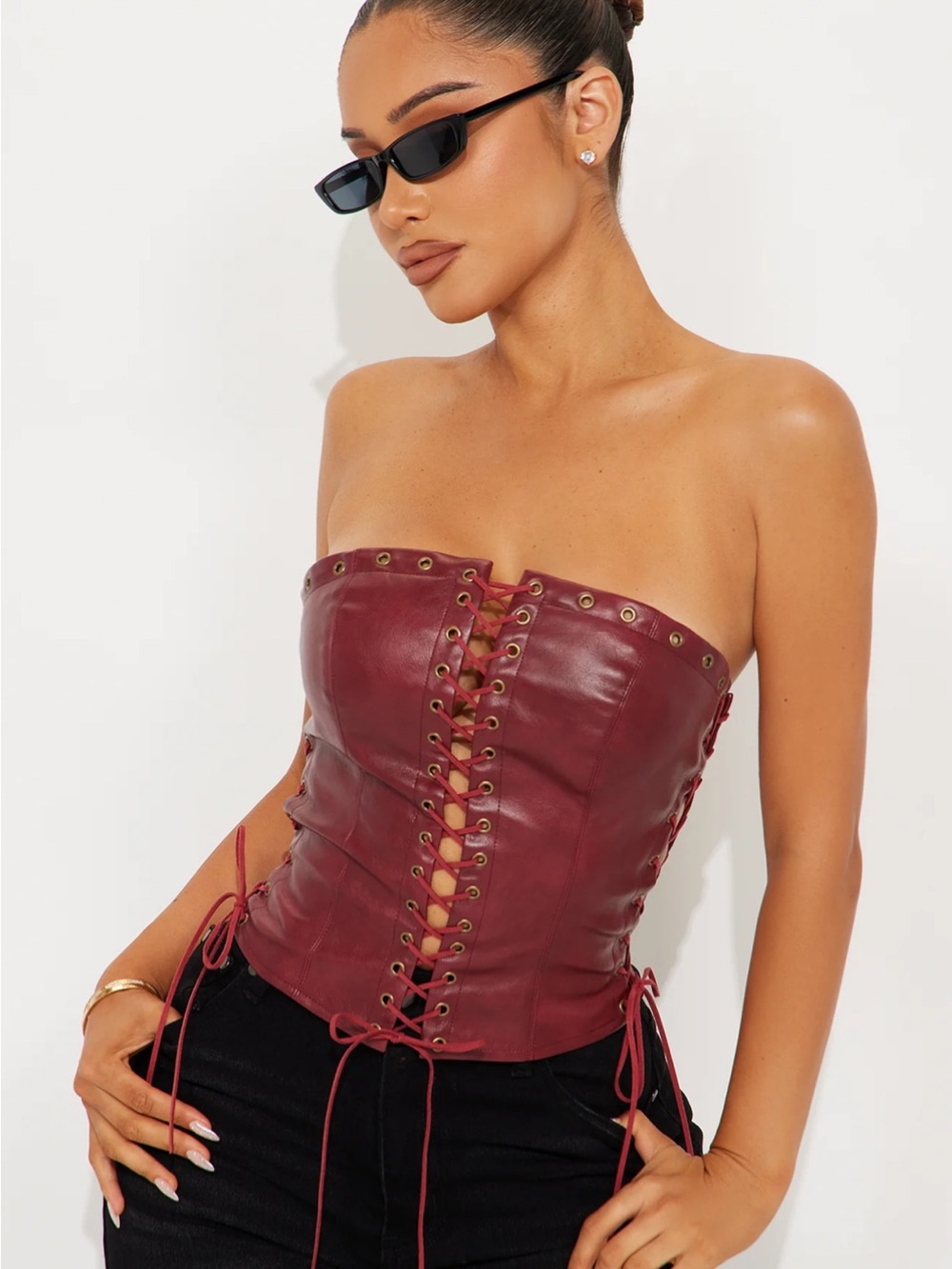 Burgundy Lace-Up Leather Strapless Corset Top NWT